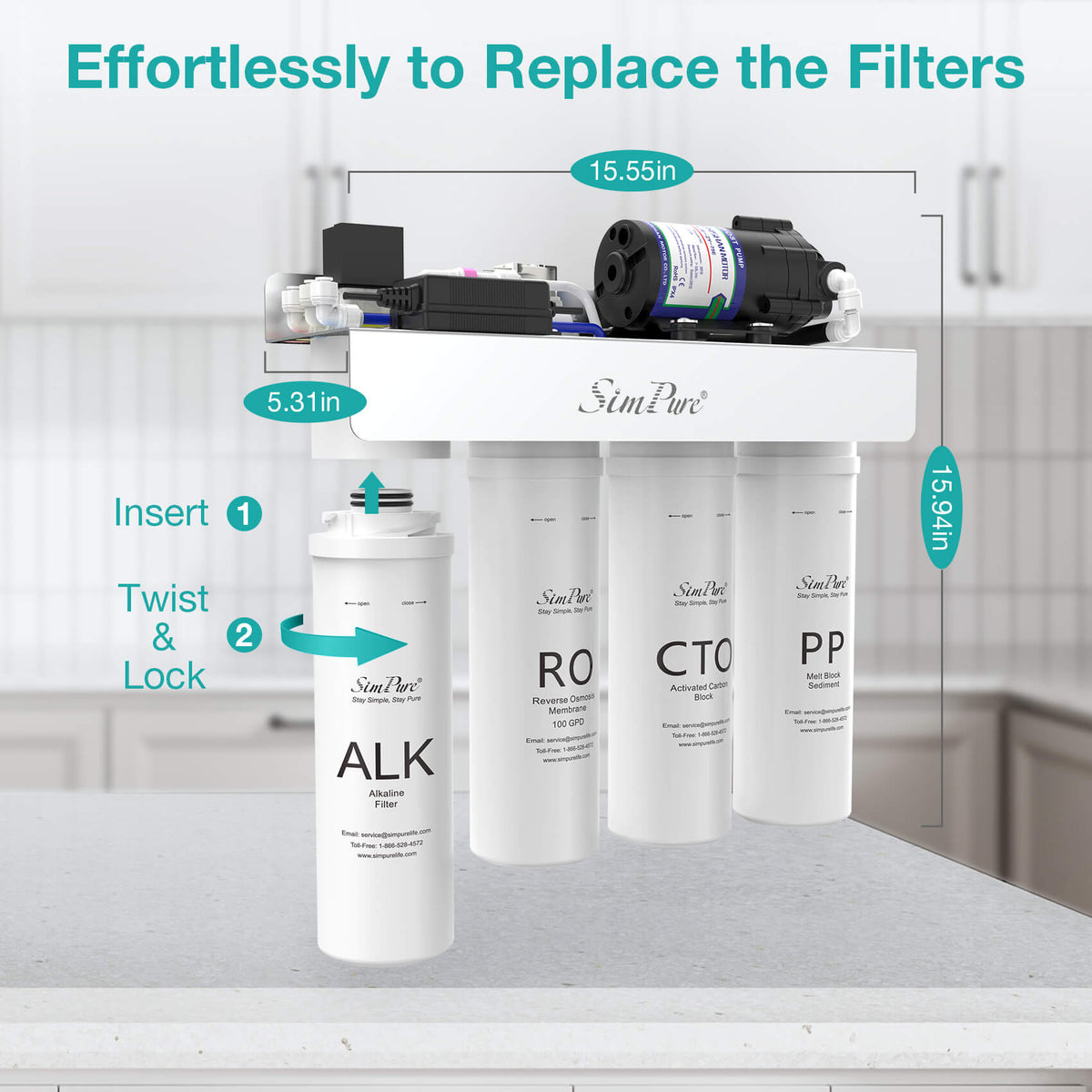 SimPure T1-100ALK 7-Stage Under Sink RO System Remineralization with Booster Pump & Pressure Tank