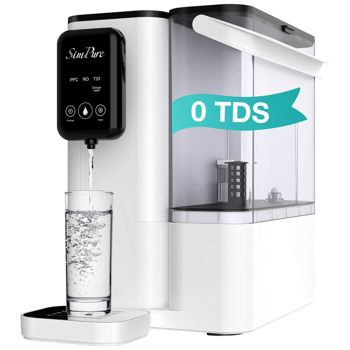 SimPure water purifier dispensing water into a glass with '0 TDS' label on a white background