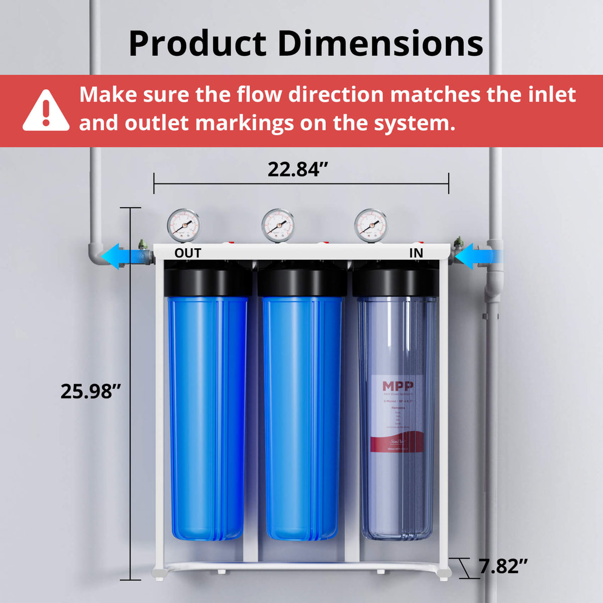 SimPure DB20P-3 3-Stage Whole House Water Filtration System with 5 Micron 20” x 4.5” Sediment & Carbon Water Filters for City/Well Water