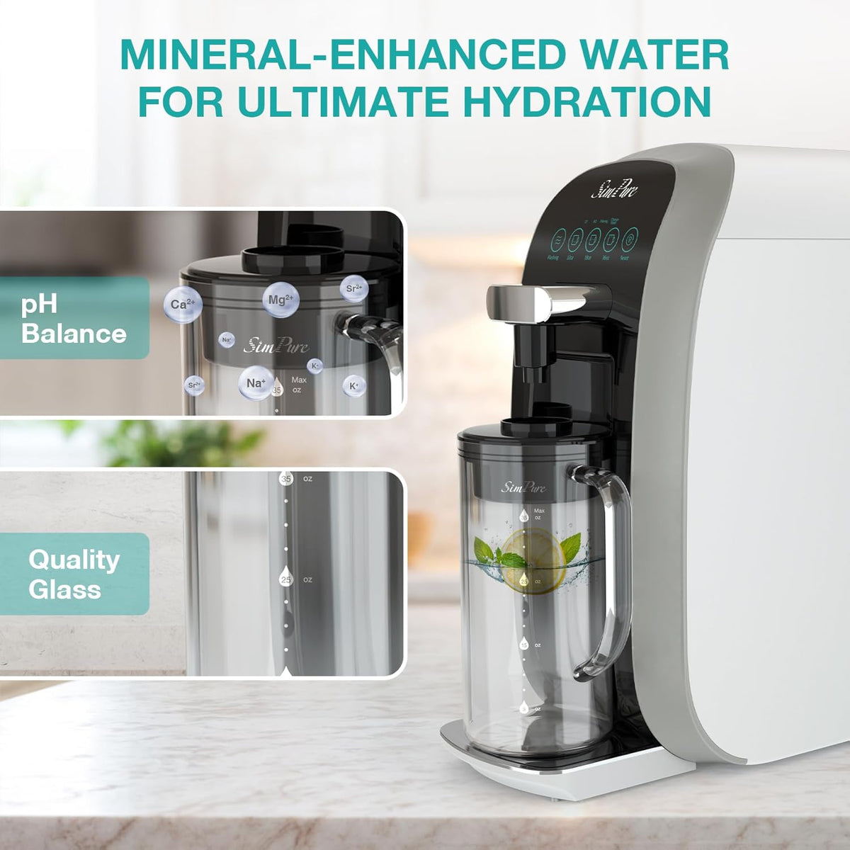 SimPure Y7T-A 5-Stage Countertop RO System with Portable Glass Water Pitcher & Extra Alkaline Remineralization
