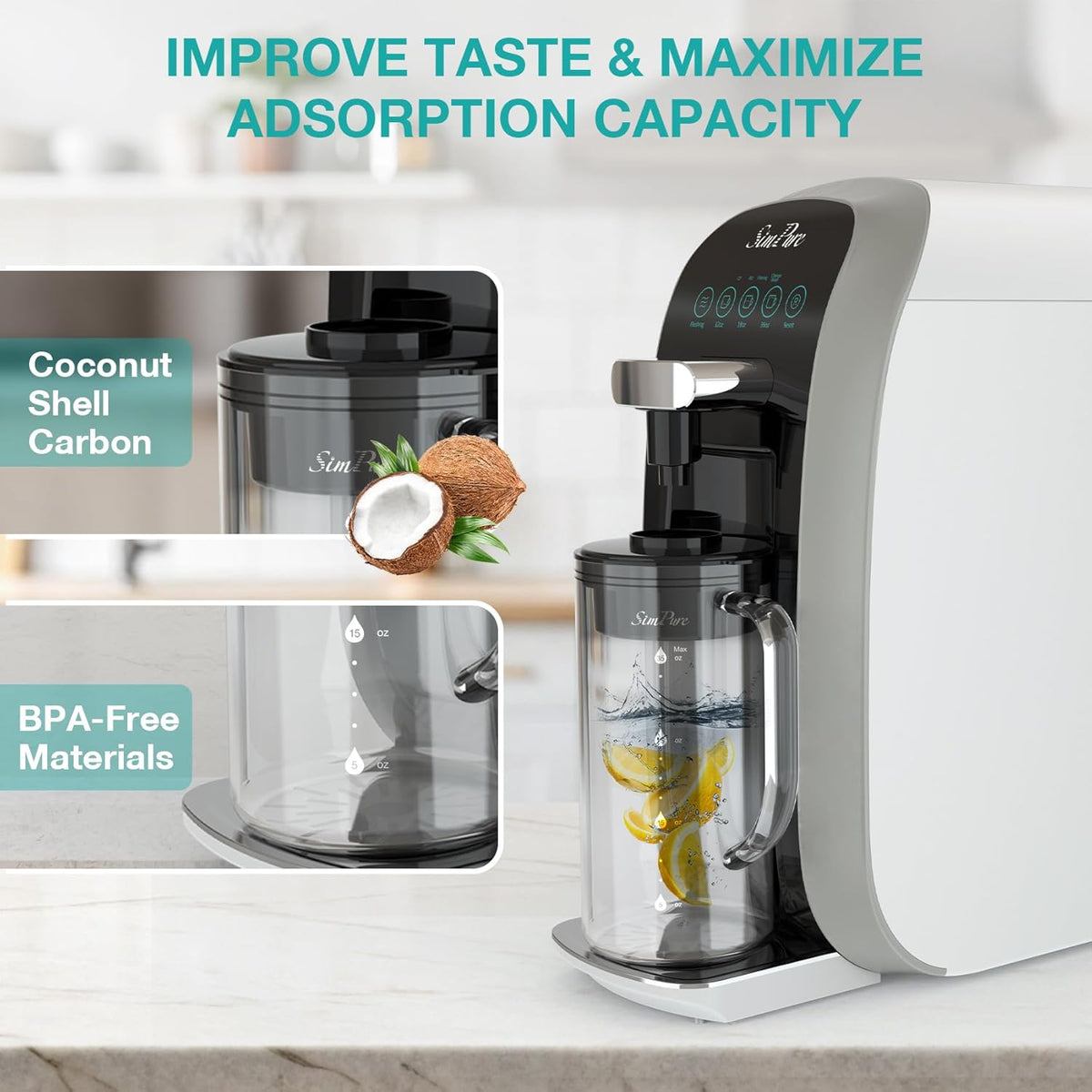 SimPure Y7T-C 5-Stage Countertop RO System with Portable Glass Water Pitcher & Extra Carbon Filtration