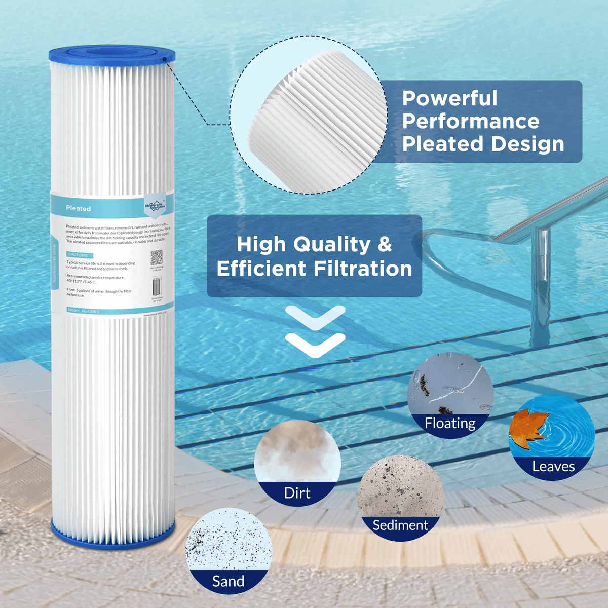 Membrane Solutions 10" x 2.5" Pleated Polyester Sediment Water Filter  Replacement Cartridge Universal Whole House Pre-Filter 5/20/50 Micron