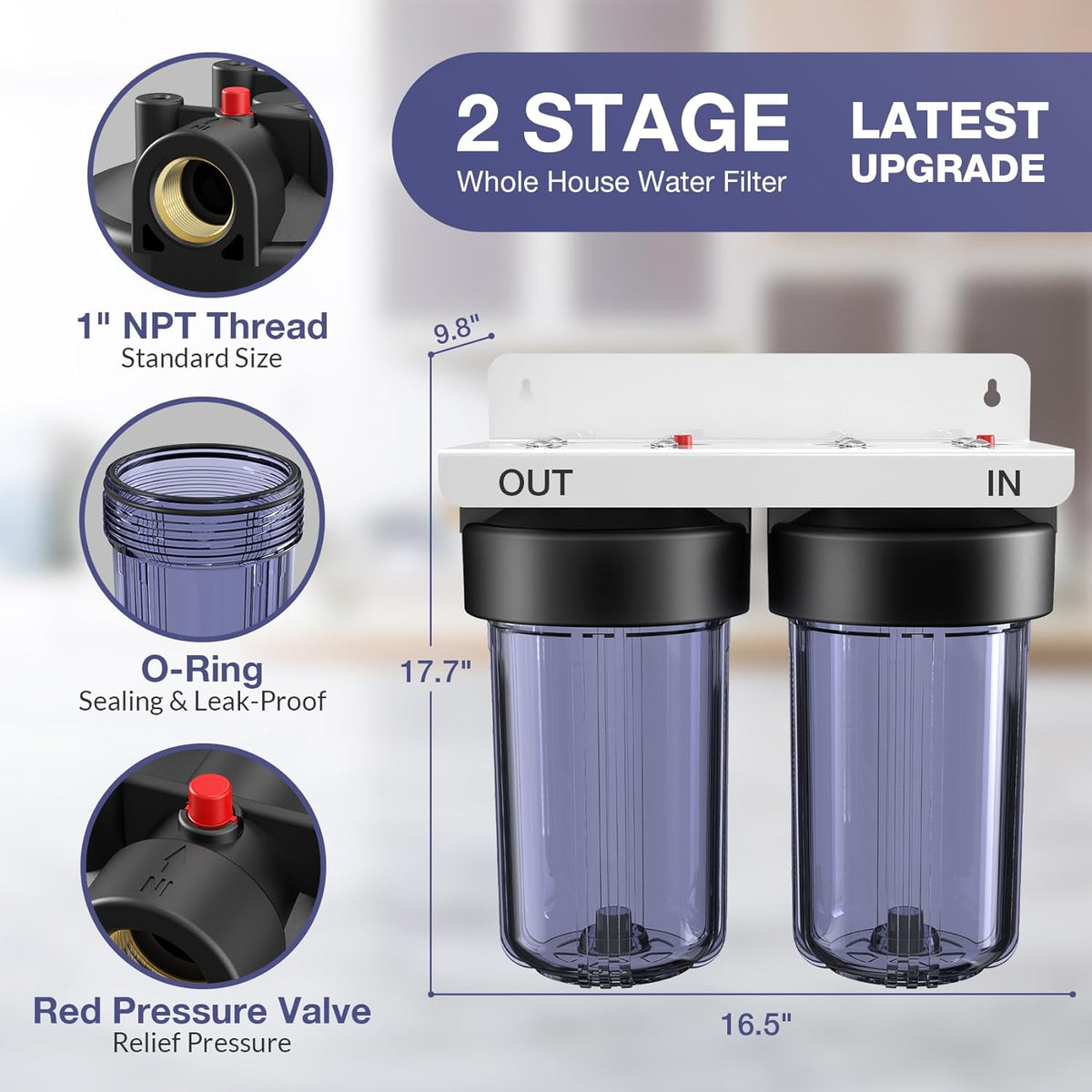 SimPure DB10C-2 5 Micron 2-Stage Whole House Water Filtration System with 4.5 x 10 inch Sediment and Carbon Block Filters for City/ Well Water