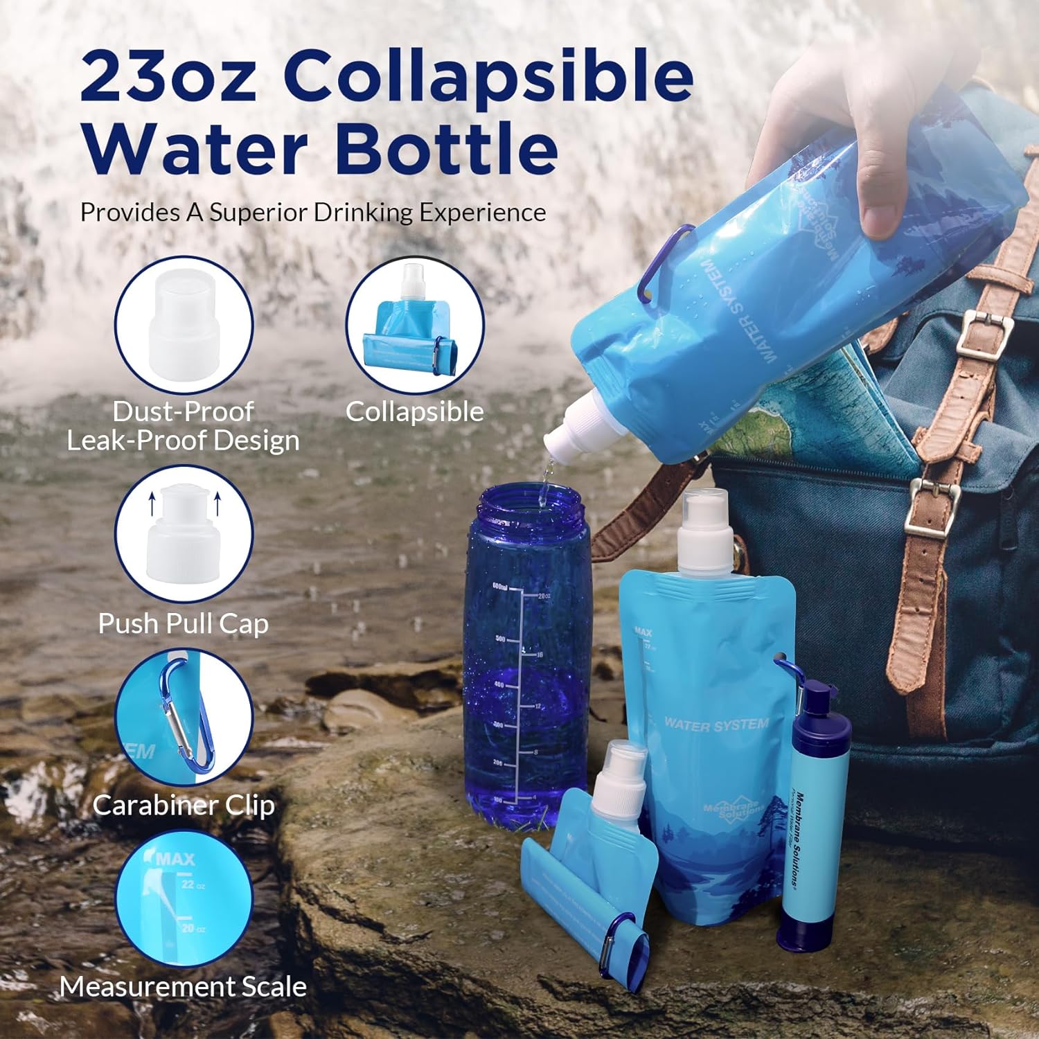 Membrane Solutions Squeezable Water Pouches with Water Filter Straw