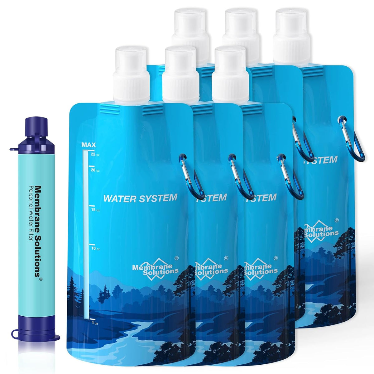Membrane Solutions Squeezable Water Pouches with Water Filter Straw