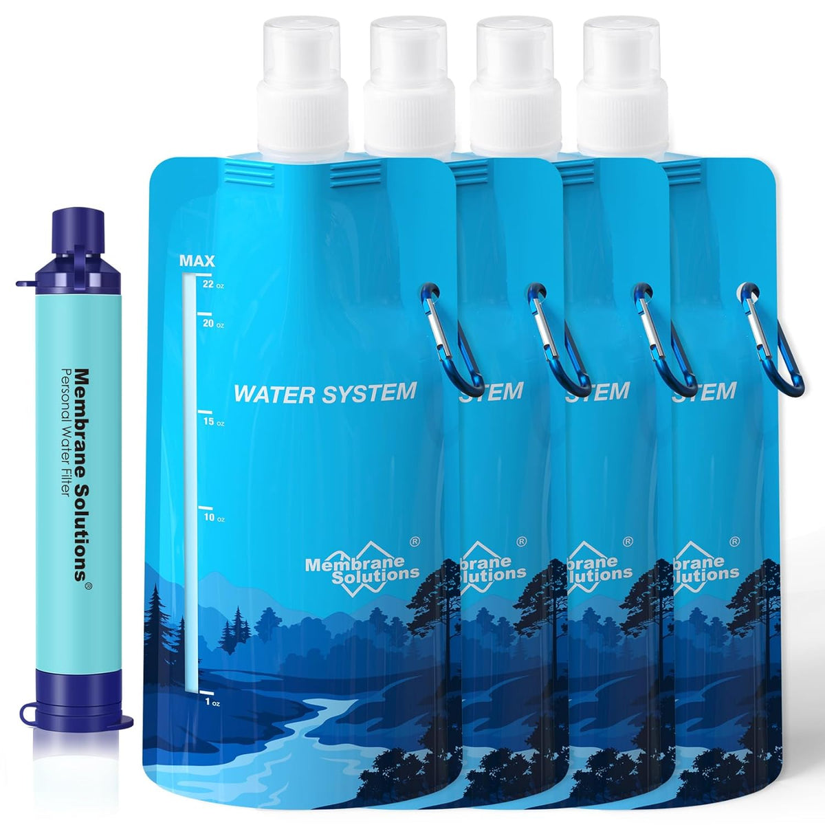 Membrane Solutions Squeezable Water Pouches with Water Filter Straw