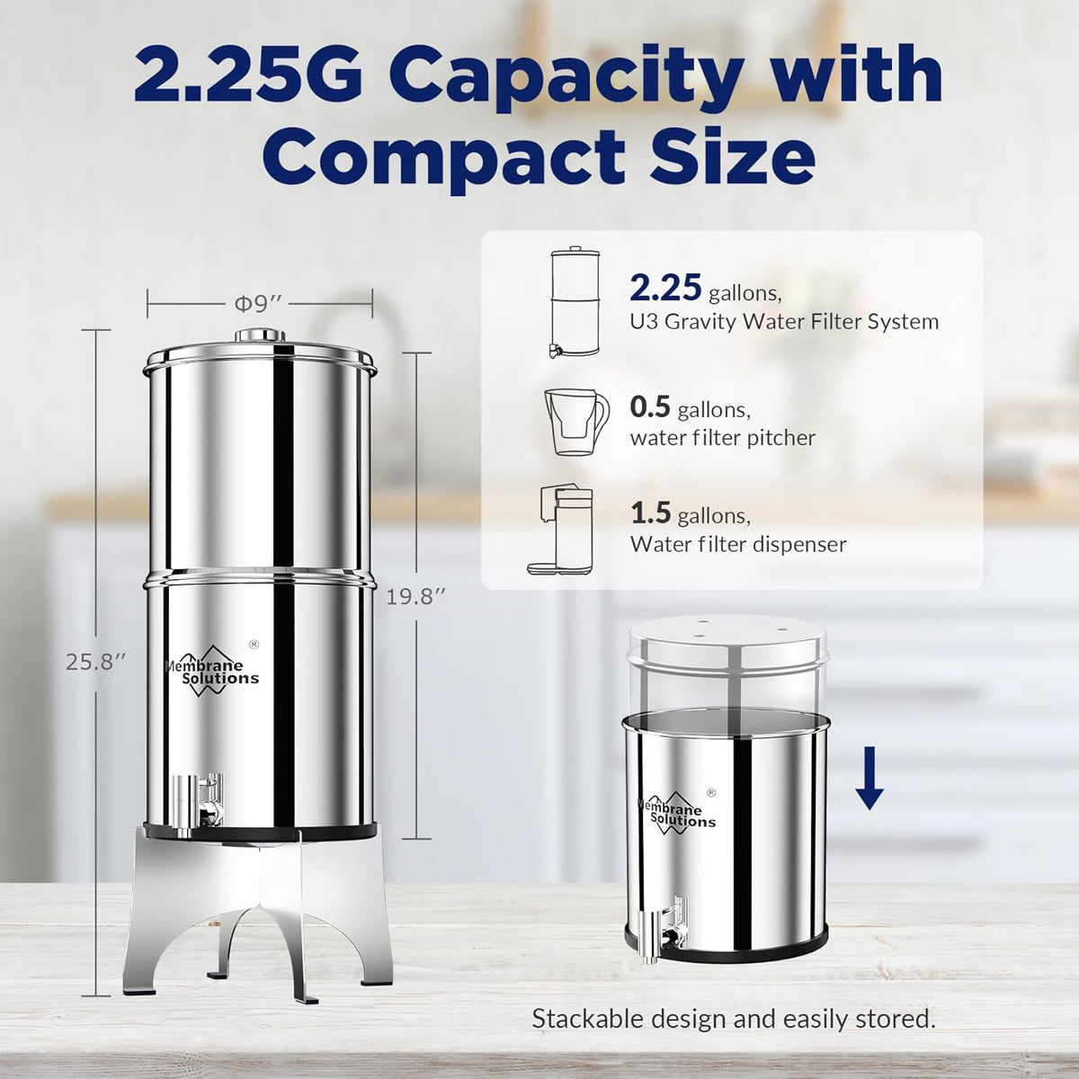 Membrane Solutions U3 2.25-Gallon Stainless Steel Gravity Water Filter