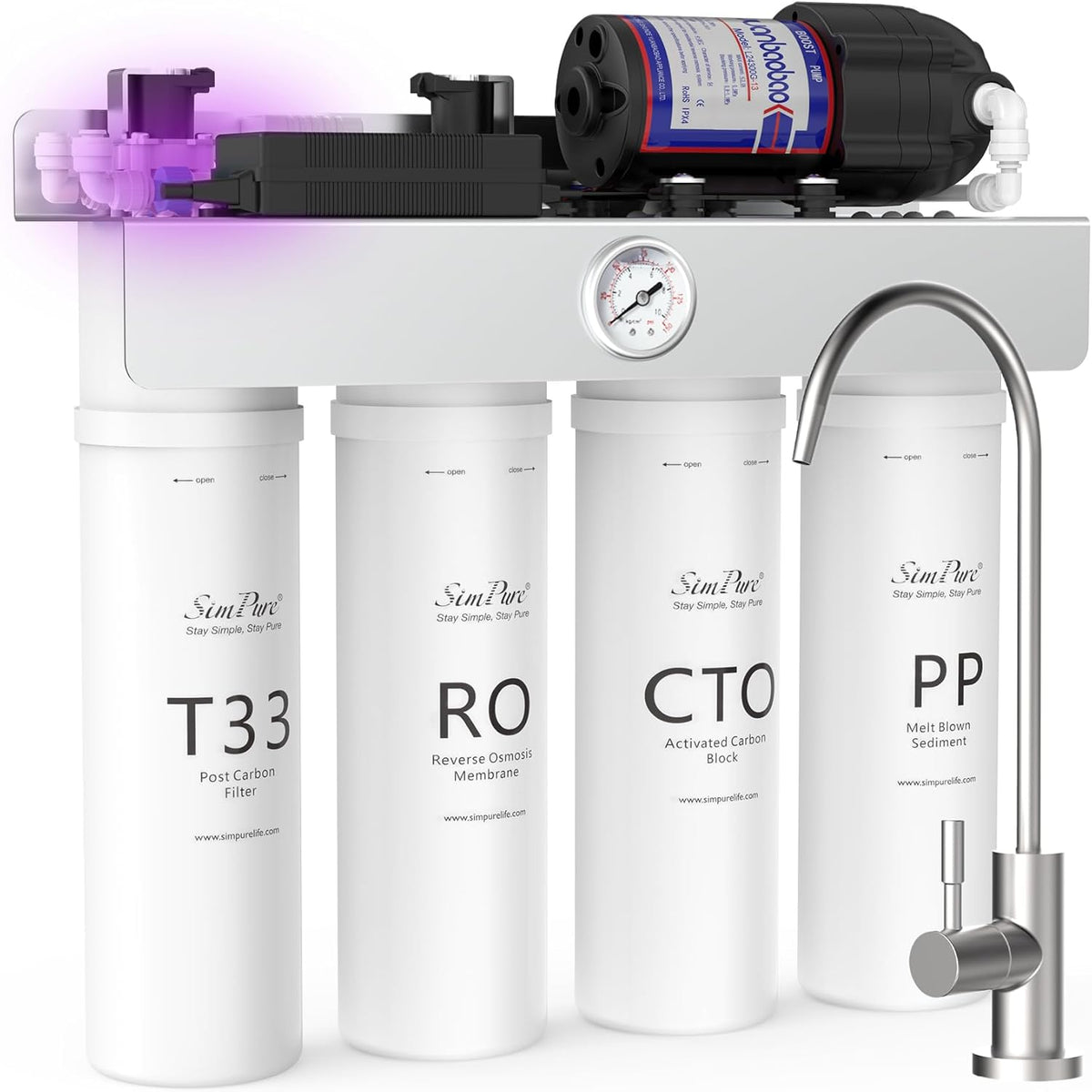 SimPure T1-400 8 Stage 400GPD Under Sink Tankless RO System Nearly 0 TDS